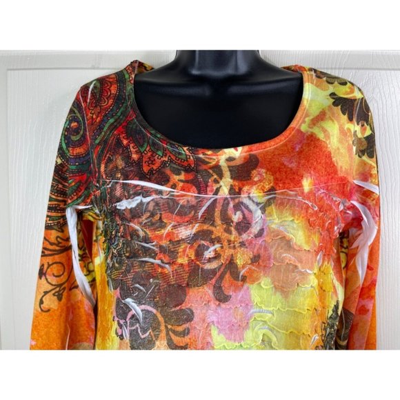 NY Collection Top Womens Size Large L Long Sleeve Orange Colorful Ruffle Stretch - Picture 2 of 8